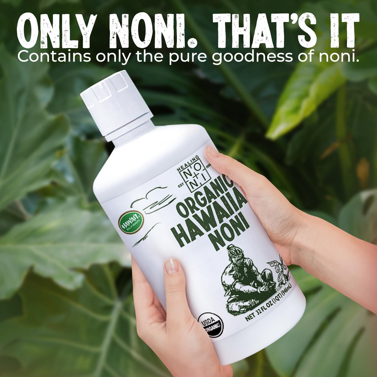 Healing Noni bottle cap closeup emphasizes airtight seal for freshness.