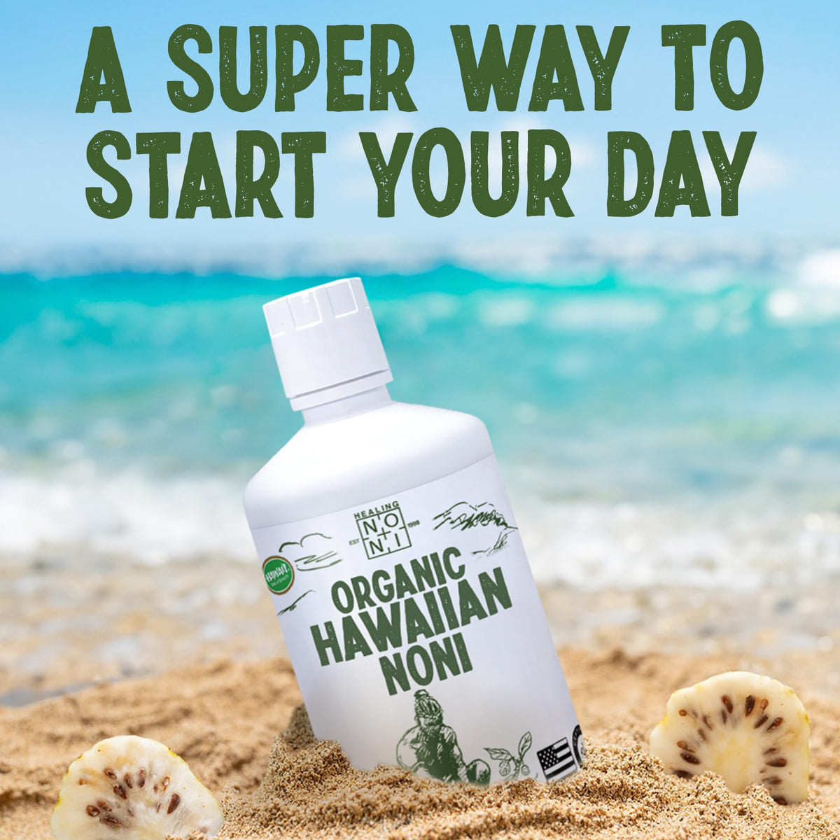 Healing Noni Hawaiian farm logo reinforces premium quality and pure origin.