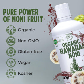 Healing Noni label detail shows organic Hawaiian origin and USDA certification.
