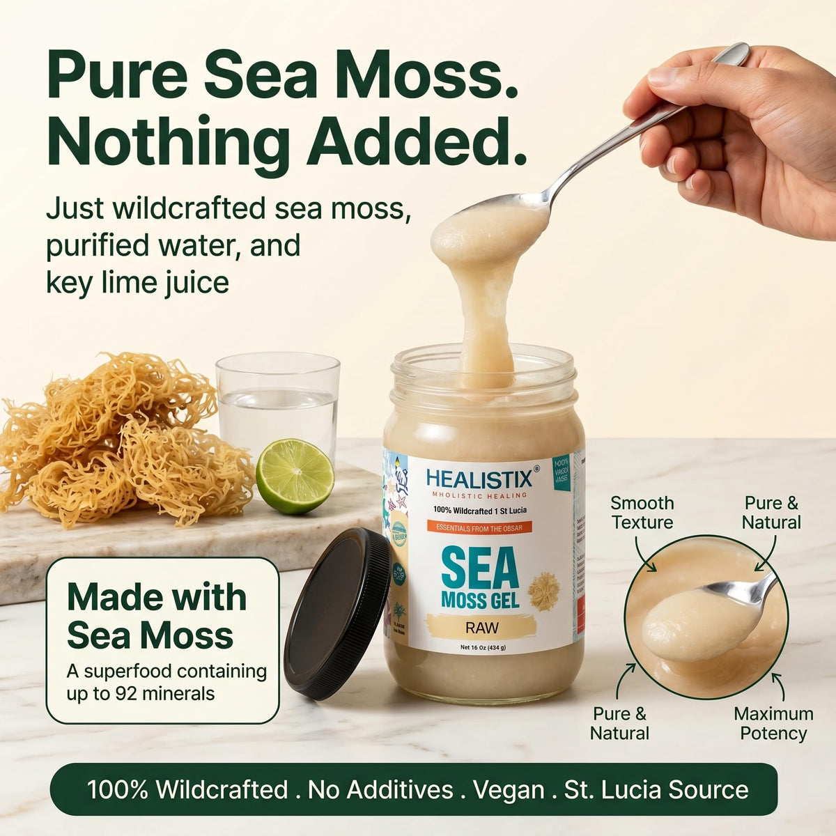 Healistix Raw Sea Moss Gel glass jar close-up, clean label