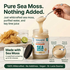 Healistix Raw Sea Moss Gel glass jar close-up, clean label
