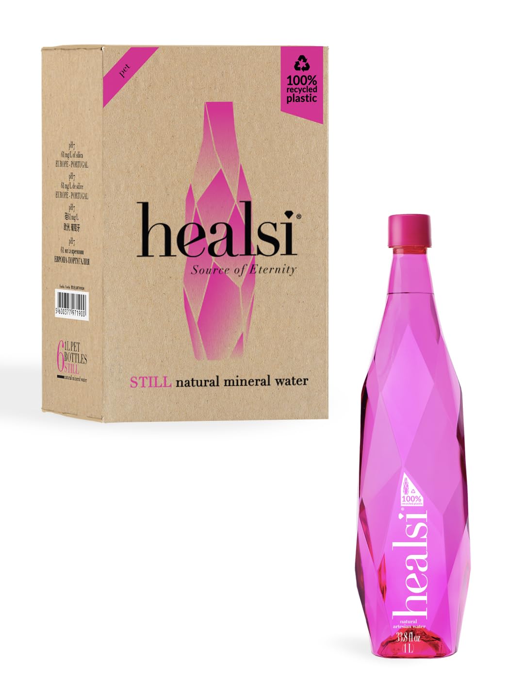 Healsi artesian water bottle in clear packaging, highlighting purity and hydration