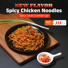 HealSpot dry tossed ramen noodles close-up showing glossy coating and chef-crafted sauce.