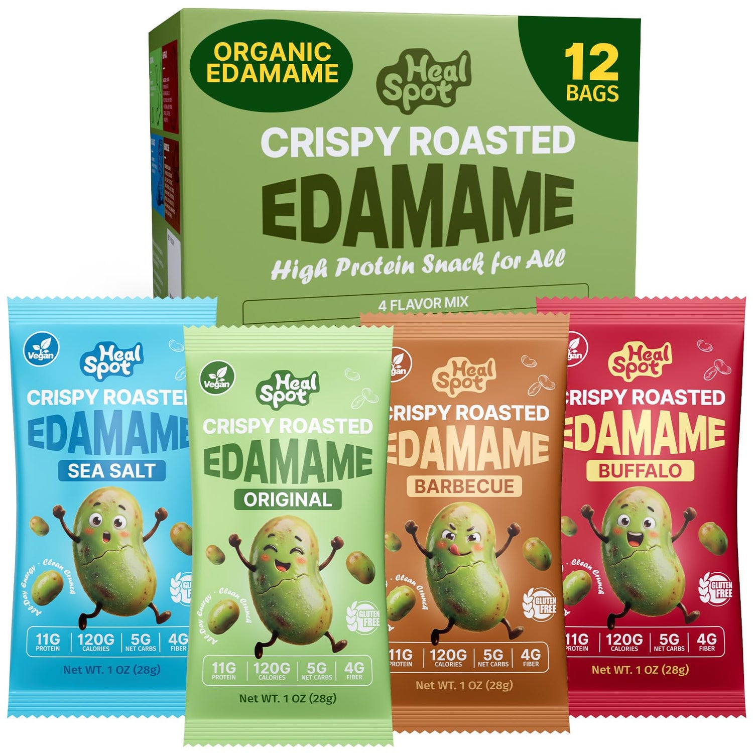 Healspot edamame snack crunch pack showing crisp beans and bright packaging for on-the-go energy