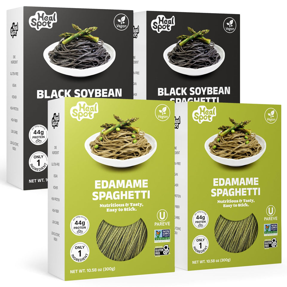 HealSpot Edamame Spaghetti pack highlighting high-protein, plant-based ingredients.
