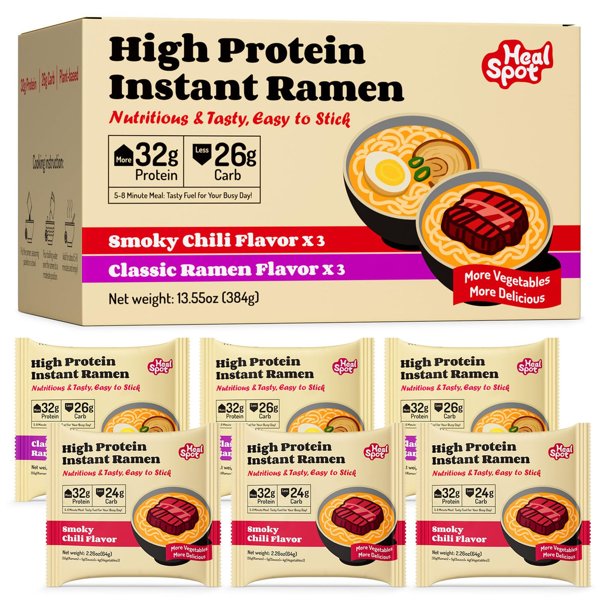HealSpot high-protein instant ramen variety-pack box for protein-rich meals.