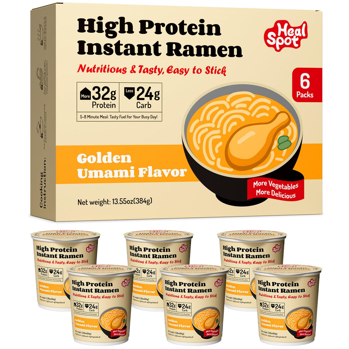 HealSpot High Protein Instant Ramen Golden-Chicken cup shows protein-packed nutrition for meals.