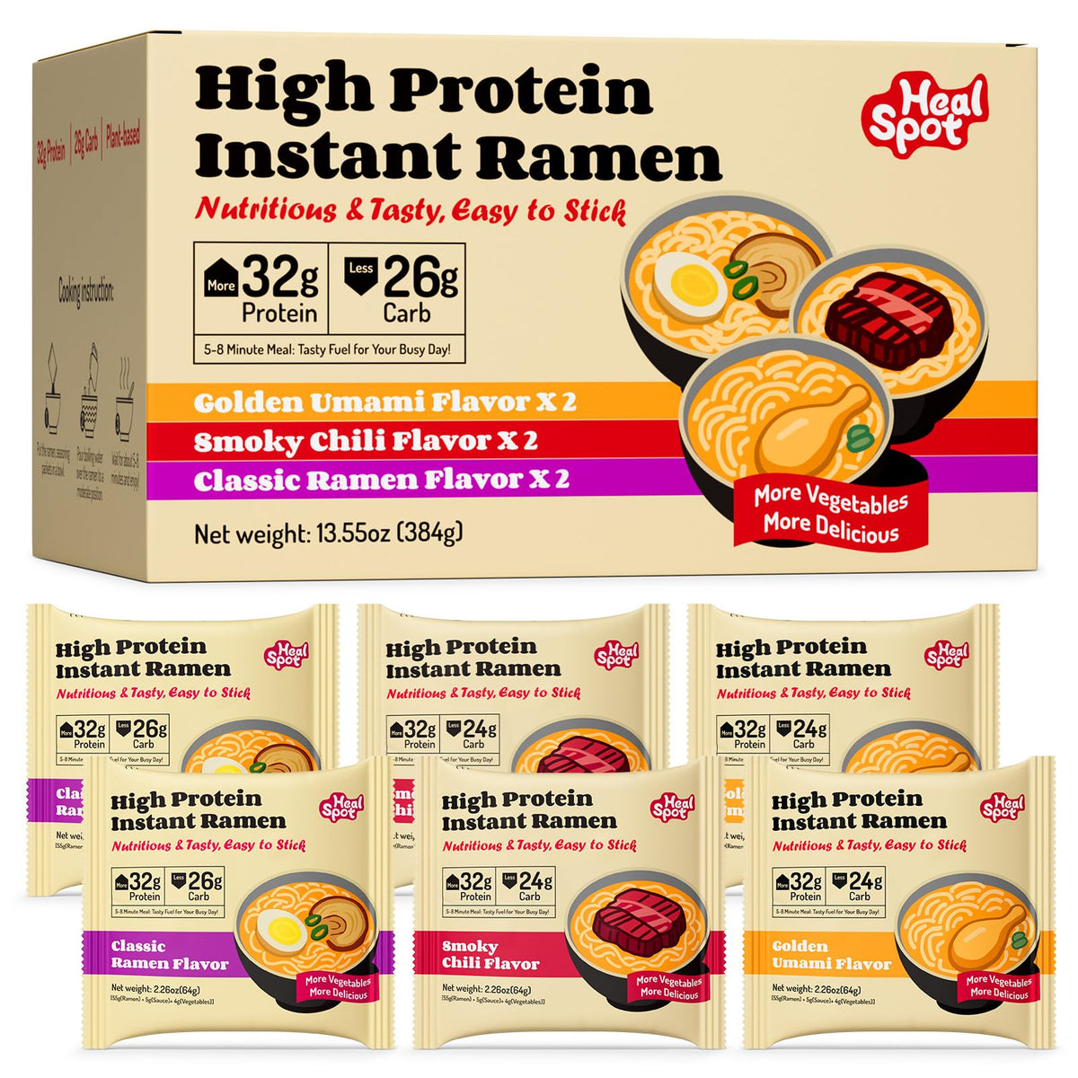HealSpot High Protein Ramen Golden-Chicken bowl highlighting 32g protein per serving