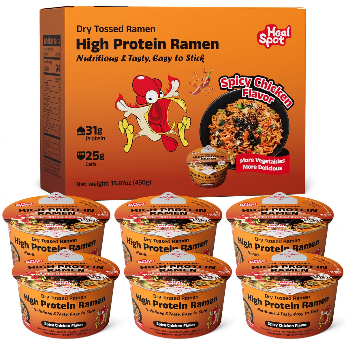 HealSpot high-protein spicy chicken ramen cup with bold color for a protein-packed lunch