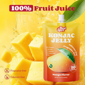 Healspot konjac jelly mango snack close-up showing chewy texture and mango flavor.