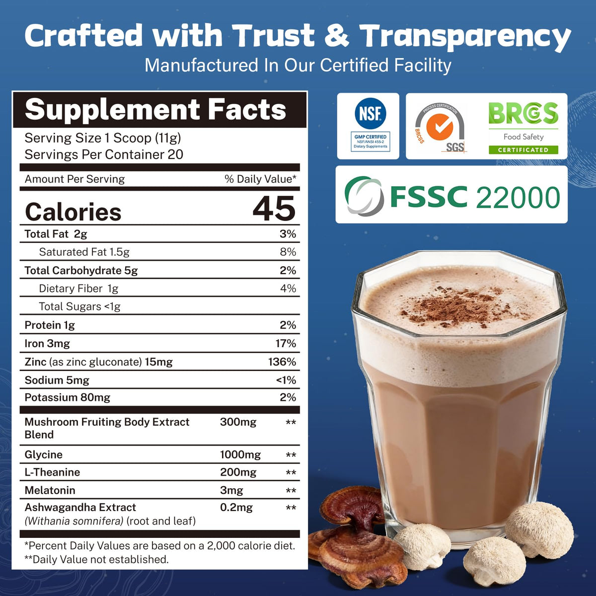 Healspot Mushroom Cocoa Sleep 6-mushroom blend label detail.