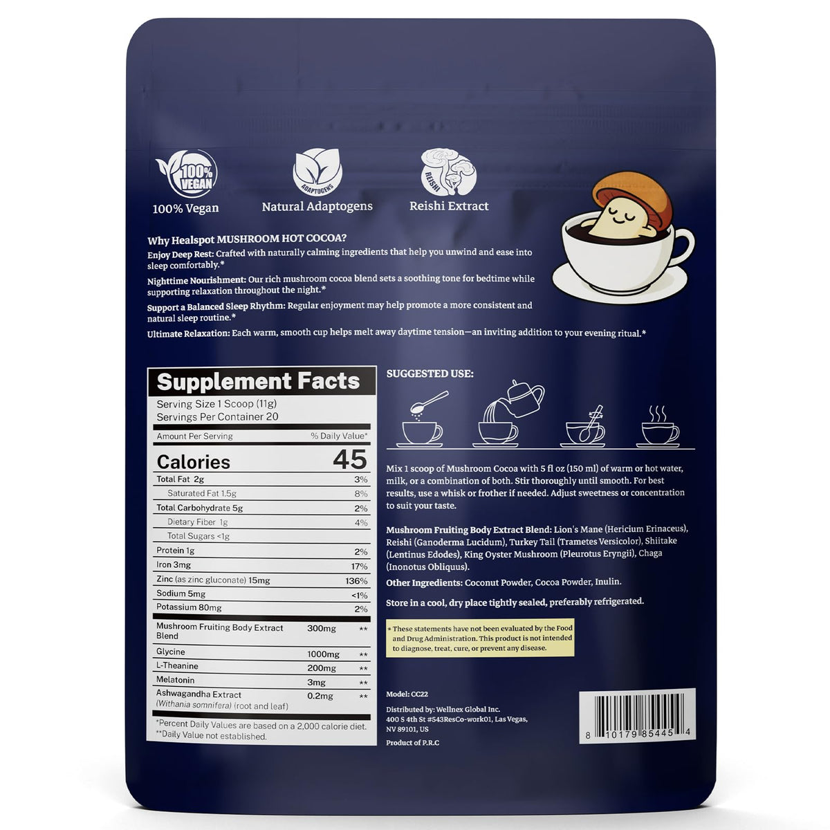 Healspot Mushroom Cocoa Sleep dairy-free, gluten-free and caffeine-free beverage.