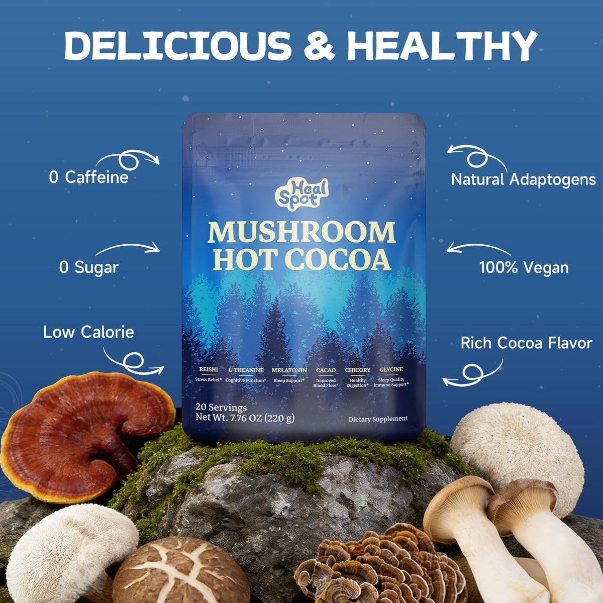 Healspot Mushroom Cocoa Sleep ingredients close-up showing the 7-component blend.