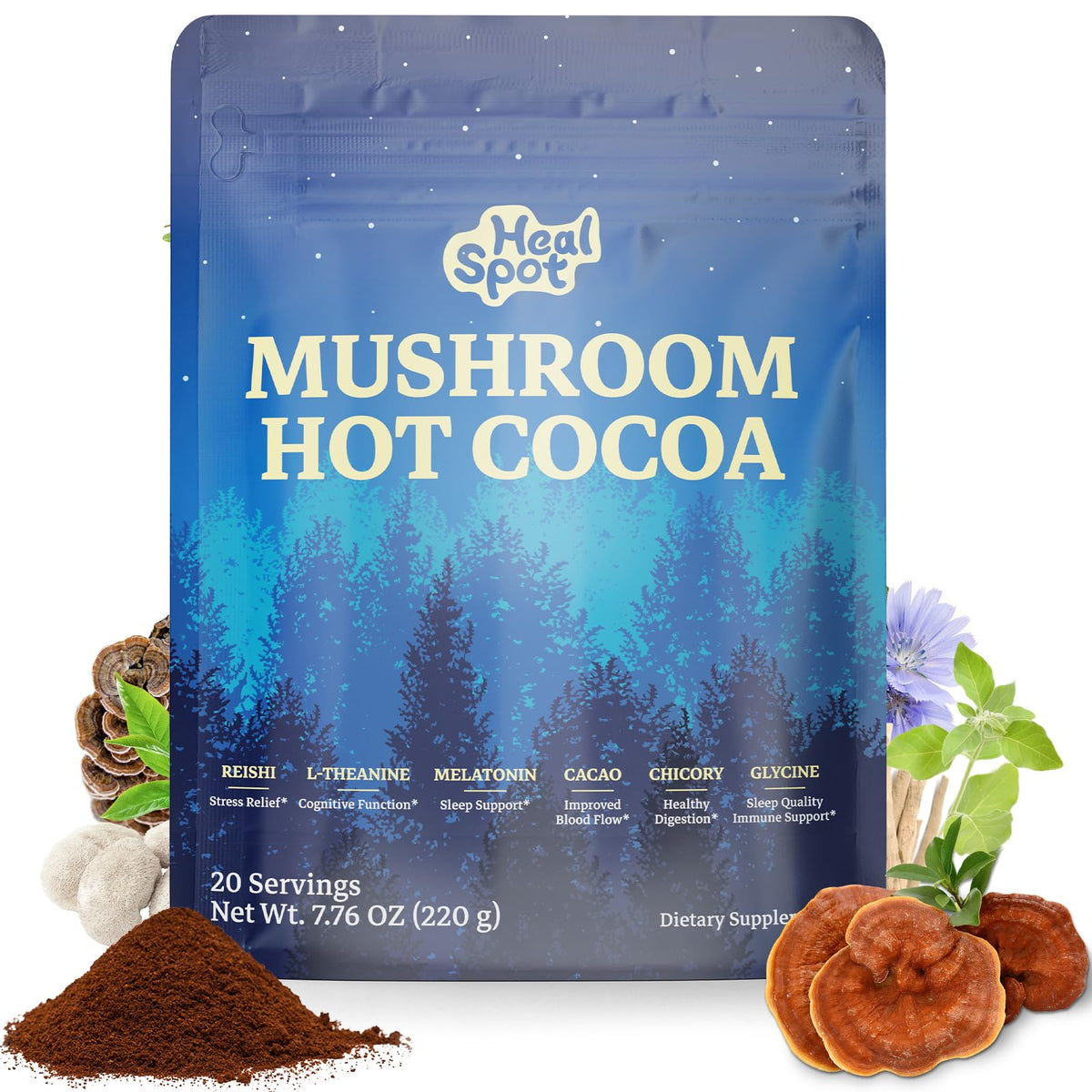 Healspot Mushroom Cocoa Sleep bottle for a calming bedtime ritual.