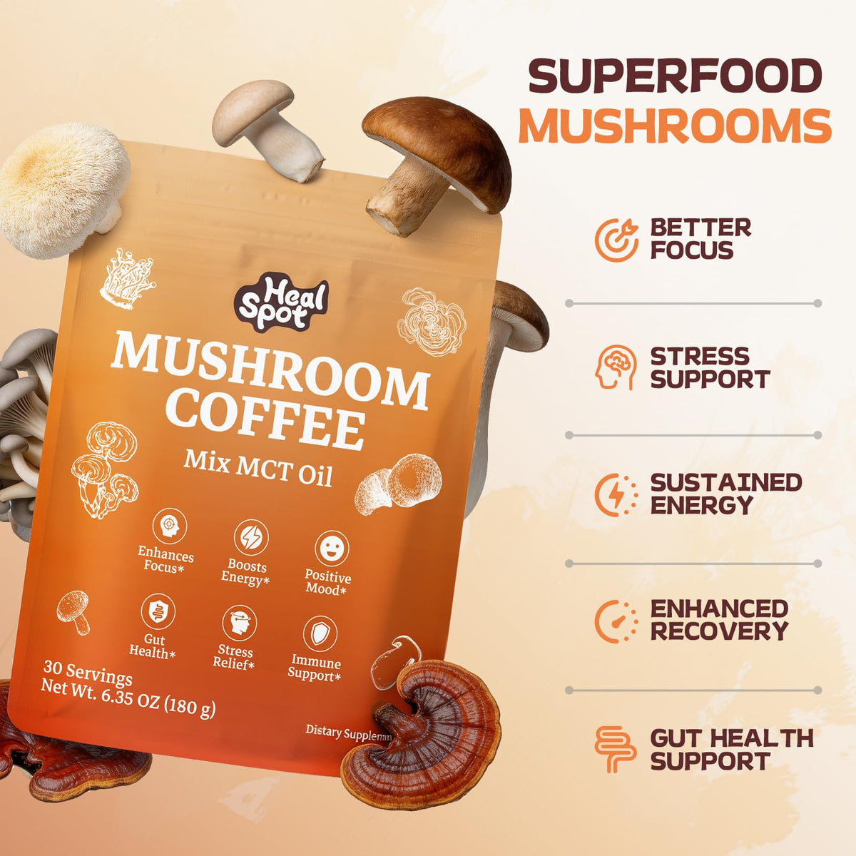 HealSpot Mushroom Coffee brewed cup steaming for a comforting morning.