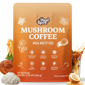 HealSpot Mushroom Coffee outer packaging close-up showing premium blend and freshness.