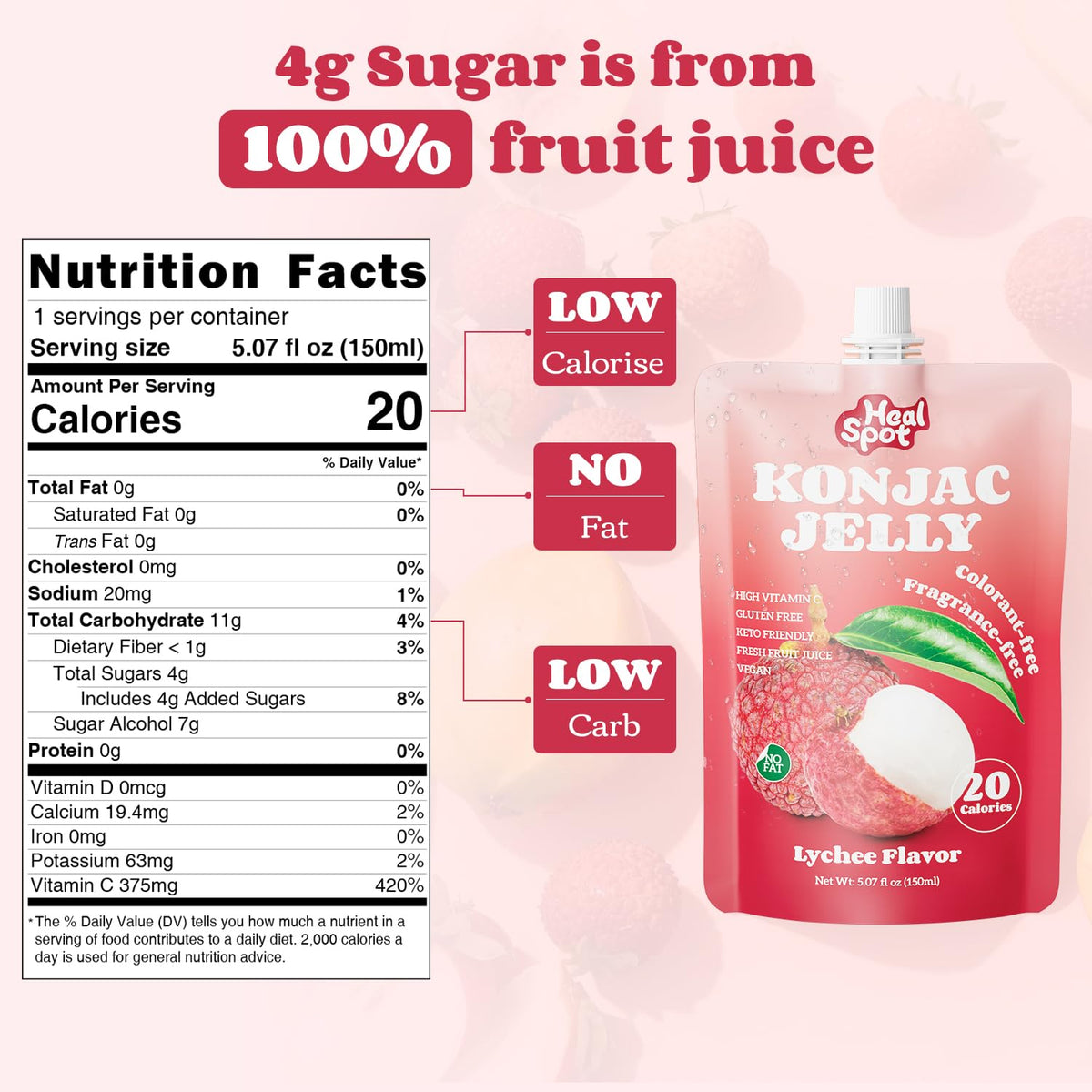 Healspot nutrition label shows vitamin C per pouch for daily intake.