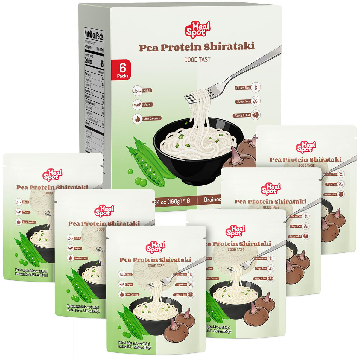 HealSpot pea protein konjac noodles pack showing high protein, low carb pasta.