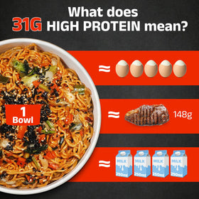 HealSpot ramen cup highlighting 31g plant-based protein per serving for muscle support