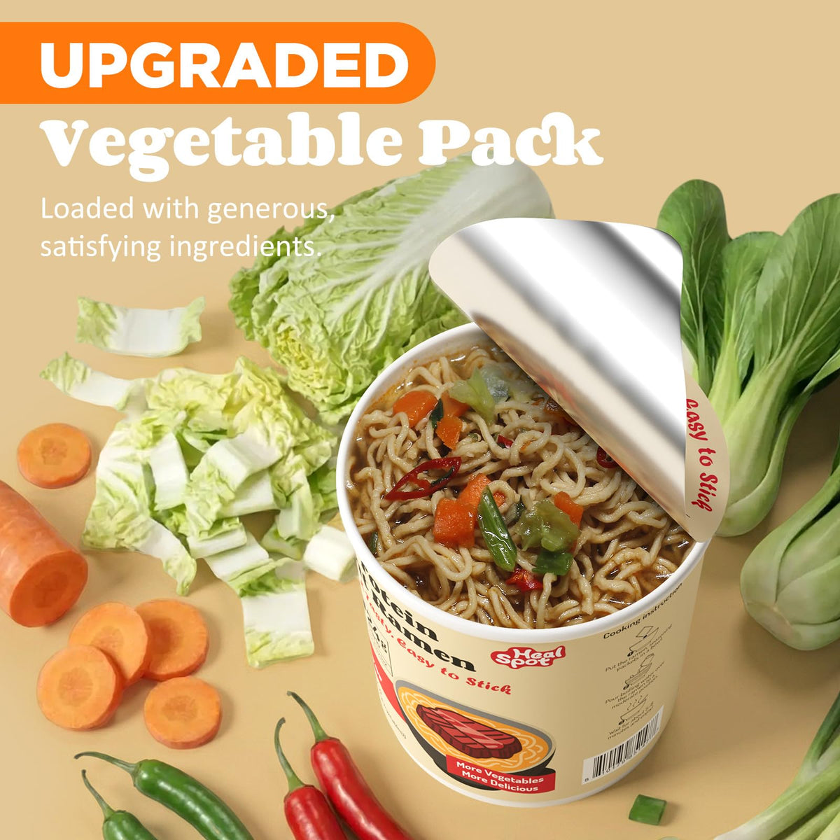 HealSpot ramen 32g protein illustration highlights substantial plant-based protein per cup.