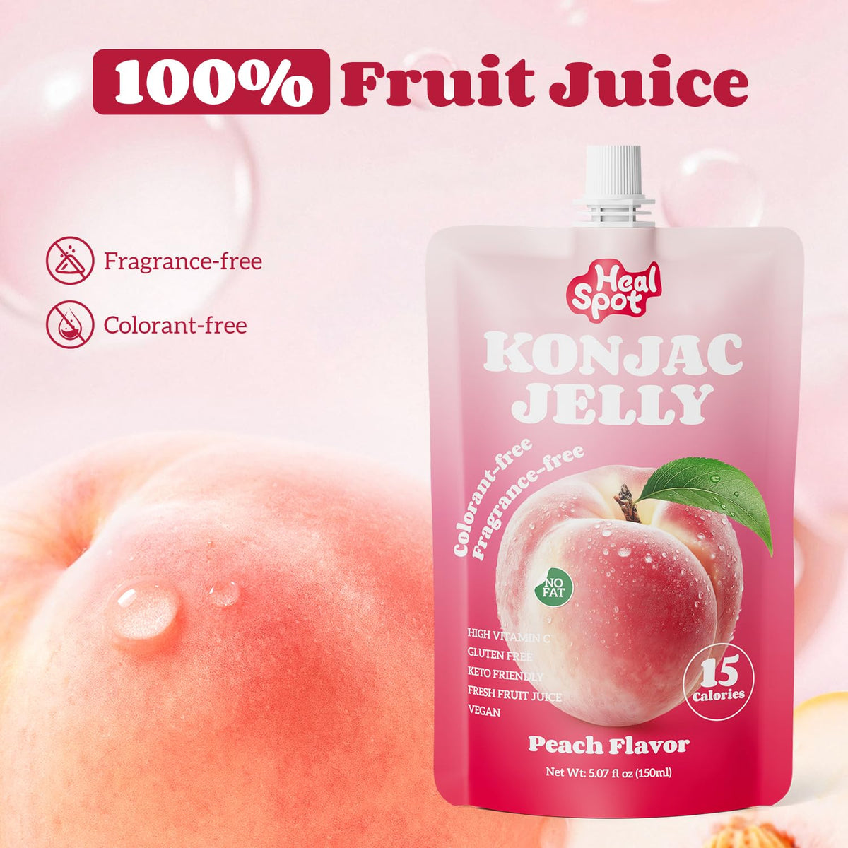 Healspot real fruit juice peach close-up showing vibrant color and natural sweetness.