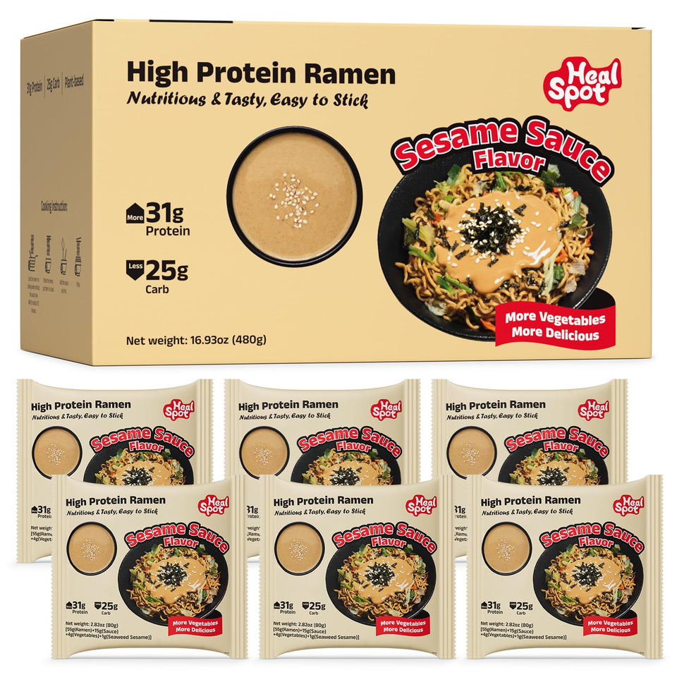 HealSpot sesame sauce packaging showcases premium dry ramen for quick high-protein meals.