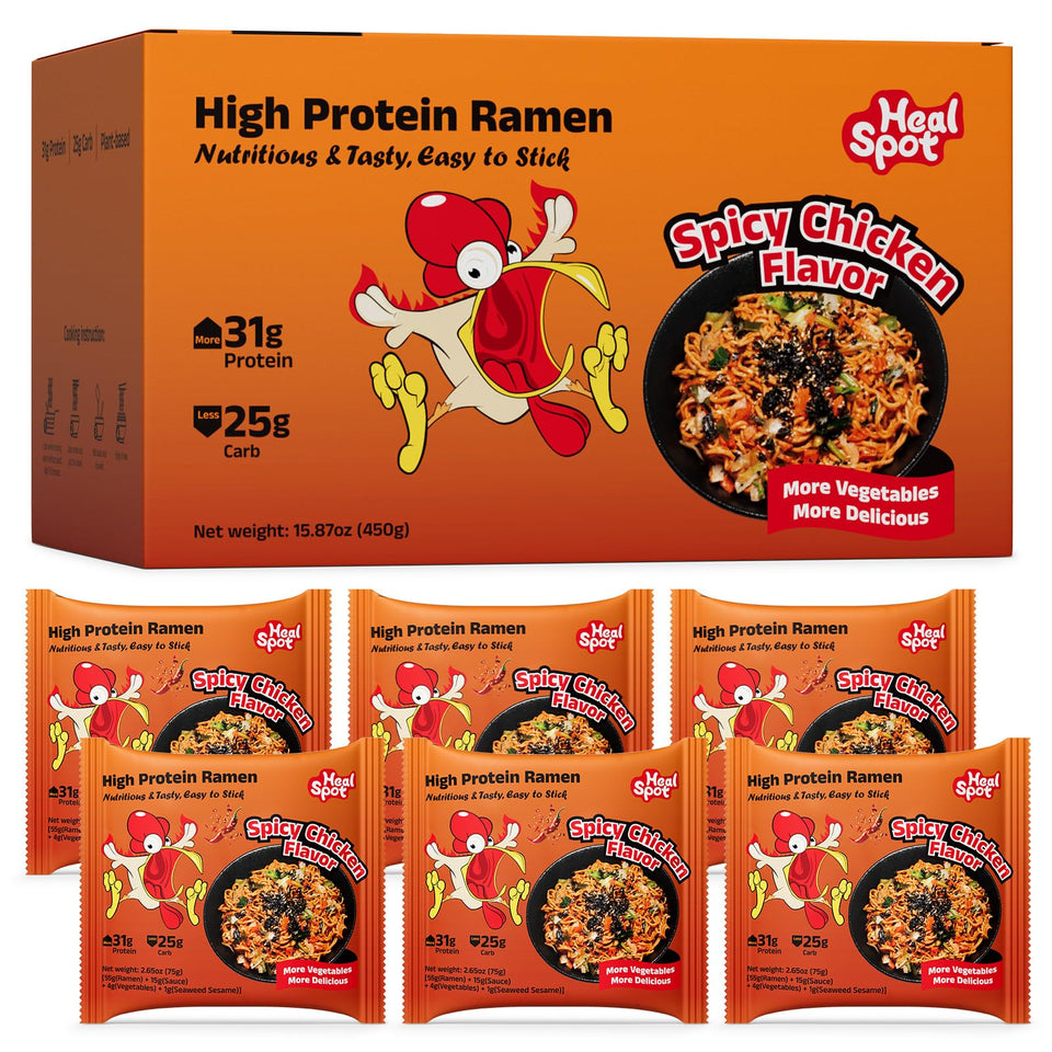 HealSpot Spicy Fire Chicken Noodles pack with bold flavor and protein-rich option.