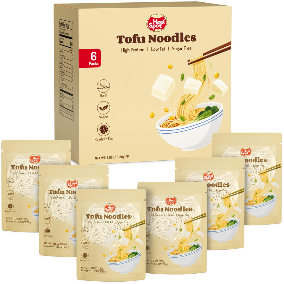 HealSpot Tofu Noodles packaging shows clean ingredients and six-pack convenience
