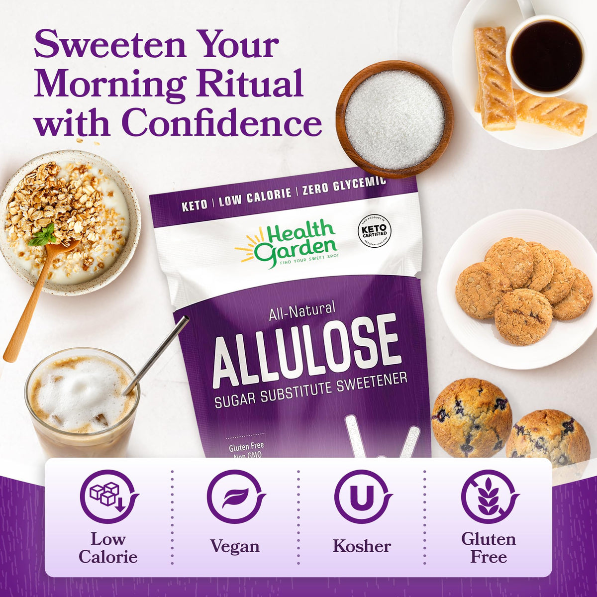 Health Garden Allulose Sweetener dissolves easily in coffee for zero-calorie sweetness.