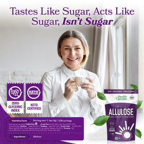 Pouring Health Garden Allulose Sweetener, showcasing smooth, sugar-like sweetness.