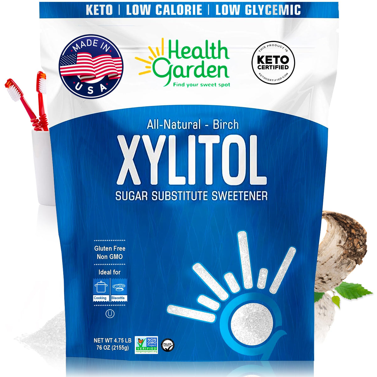 Health Garden Birch Xylitol bag on counter, 1:1 sugar substitute for baking.