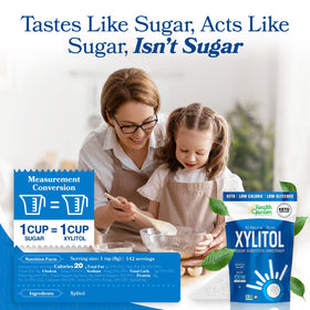 Health Garden Birch Xylitol baking image highlights easy measure-for-measure sweetness