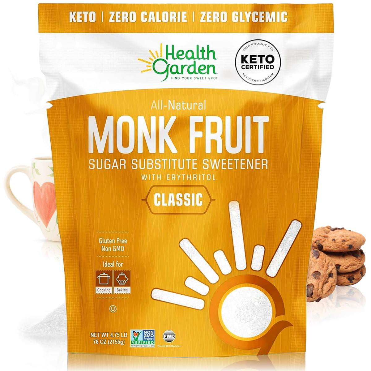Health Garden Monk Fruit Sweetener 76oz bag on pantry shelf for easy baking.