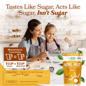 Open Health Garden Monk Fruit Sweetener bag with scoop for cup-for-cup substitution.