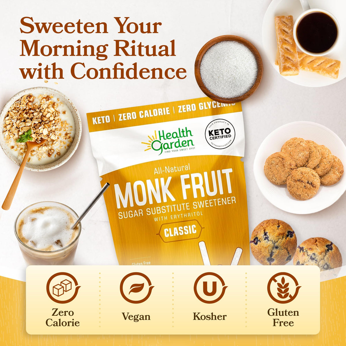 Health Garden Monk Fruit Sweetener on a baking setup with measurement cup.