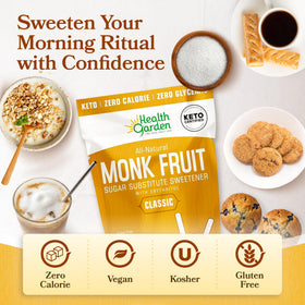 Health Garden Monk Fruit Sweetener on a baking setup with measurement cup.