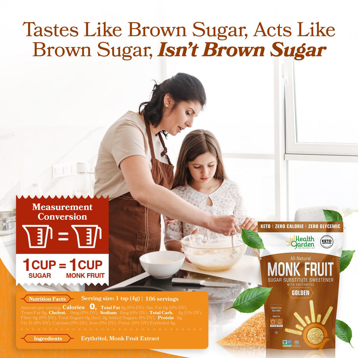 Health Garden Monk Fruit Sweetener Golden 15oz bag, baking-ready substitute.