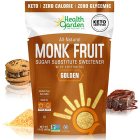 Health Garden Monk Fruit Sweetener Golden 15oz pour bottle, calorie-free sweetness for beverages.