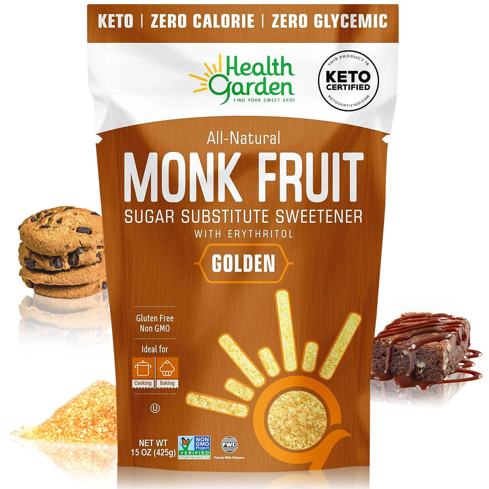 Health Garden Monk Fruit Sweetener Golden 15oz pour bottle, calorie-free sweetness for beverages.