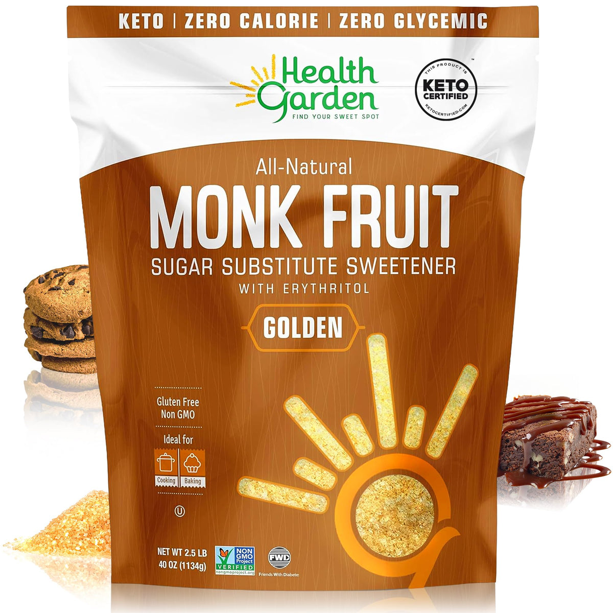 Health Garden Monk Fruit Sweetener Golden 2.5lb bag on kitchen counter.