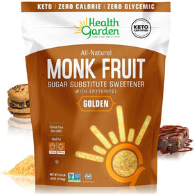 Health Garden Monk Fruit Sweetener Golden 2.5lb bag on kitchen counter.