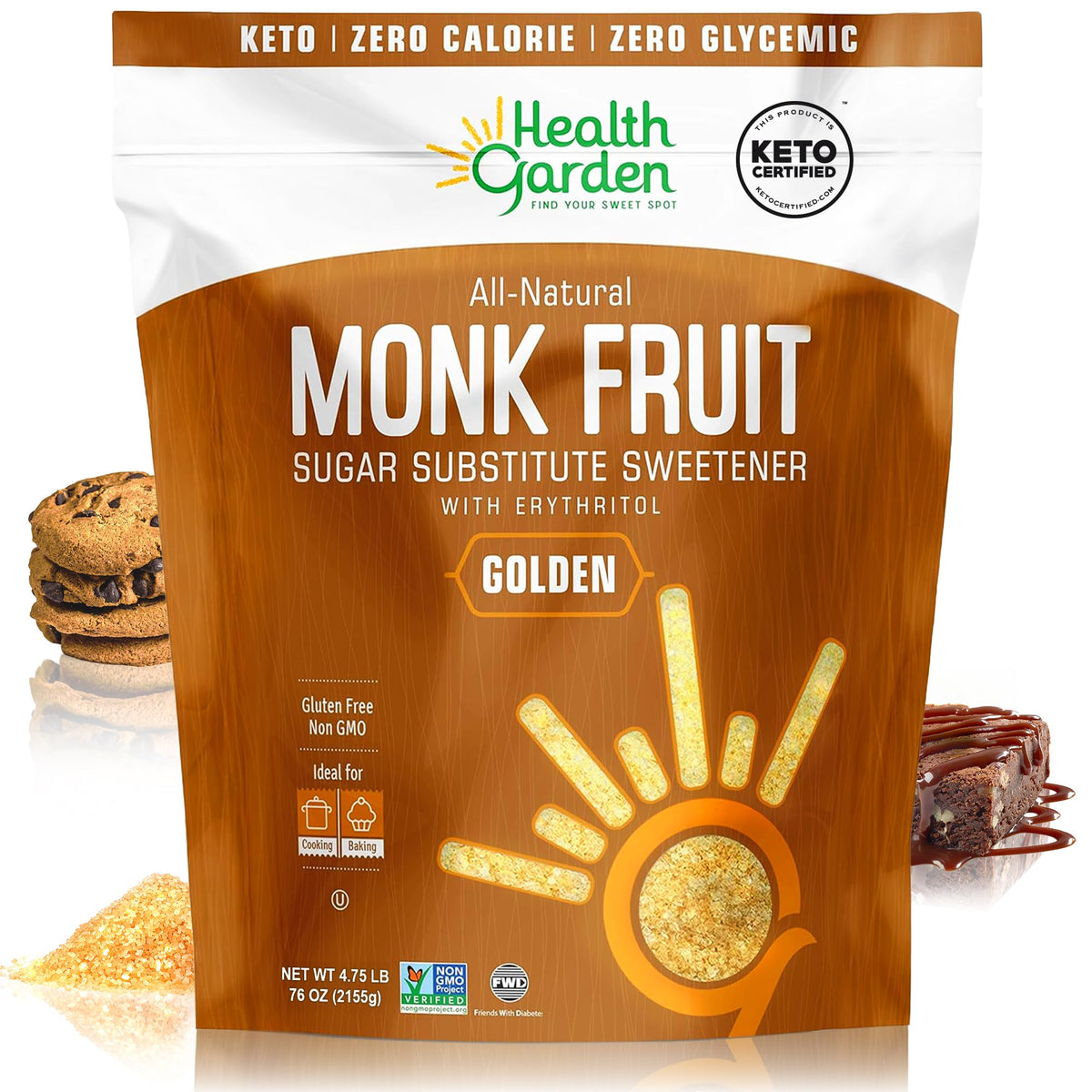 Health Garden Monk Fruit Sweetener Golden front-pack in resealable bag