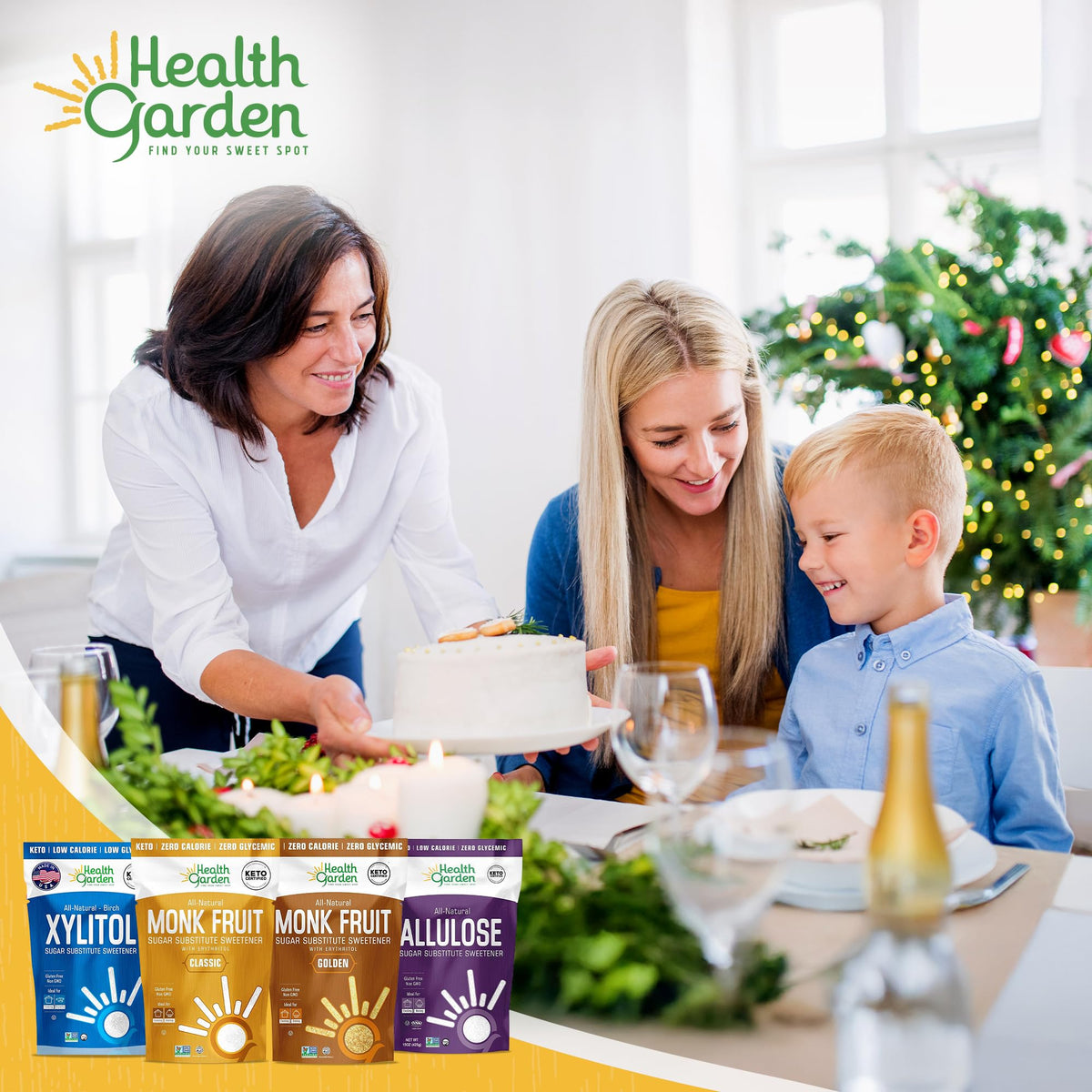 Ingredients label of Health Garden Monk Fruit Sweetener showing erythritol and monk fruit extract.