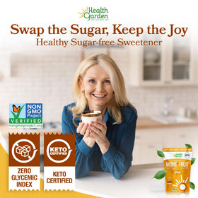 Health Garden Monk Fruit Sweetener jar and spoon ready for precise sweetness.