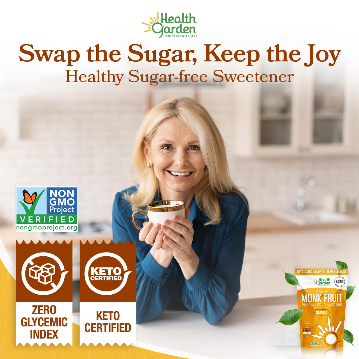 Health Garden Monk Fruit Sweetener packaging—family-friendly, keto-compatible sugar substitute.