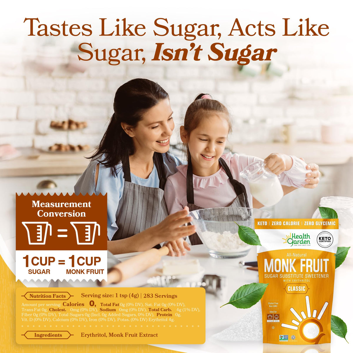 Health Garden Monk Fruit Sweetener pour—smooth, sugar-like sweetness for coffee and drinks.