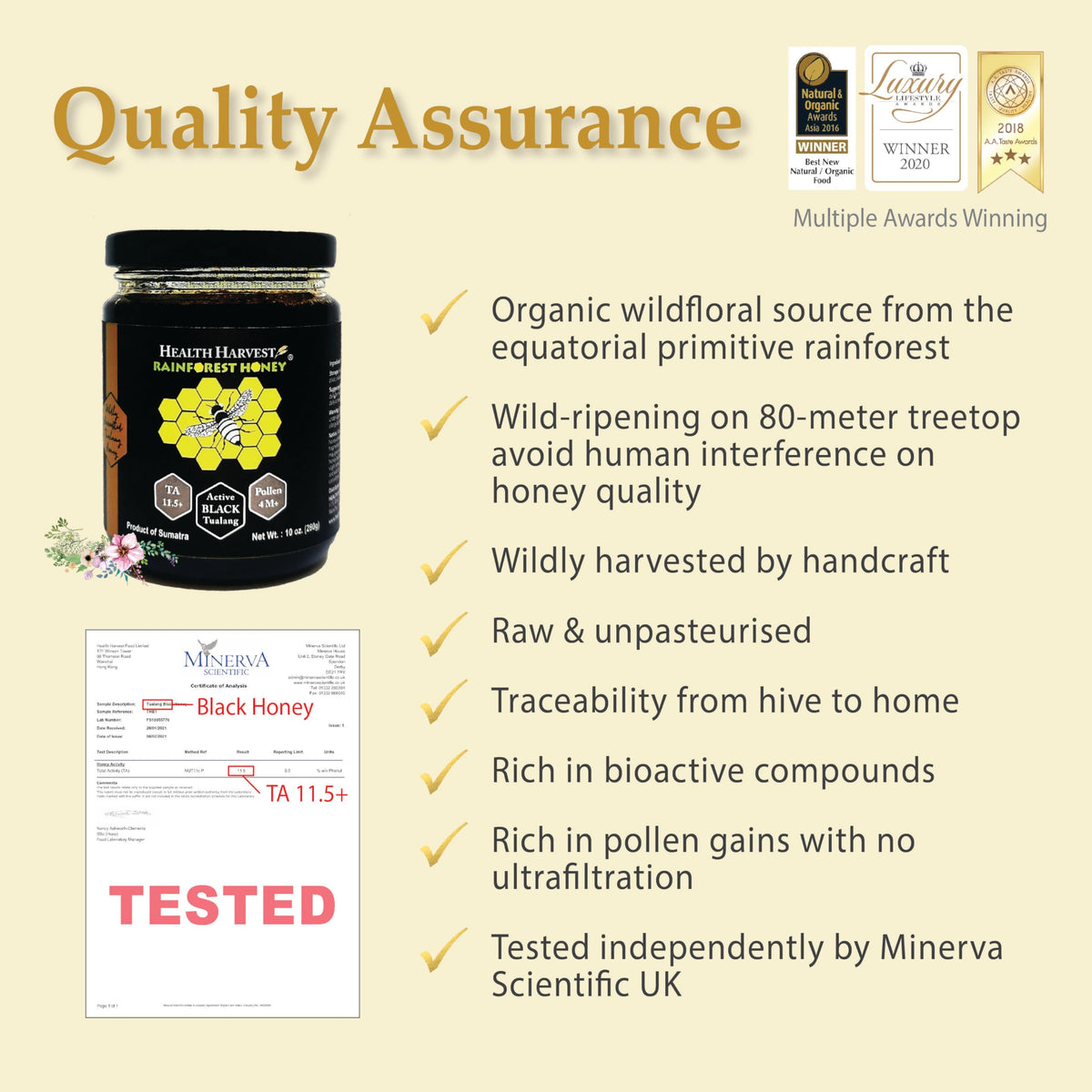 Health Harvest Tualang Honey in glass jar packaging communicates purity.