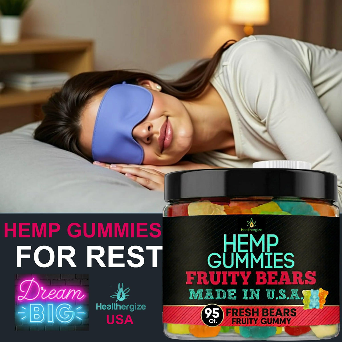 Healthergize hemp gummies fruity bears pack with delicious, easy chew.