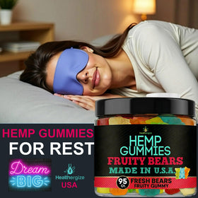 Healthergize hemp gummies fruity bears pack with delicious, easy chew.