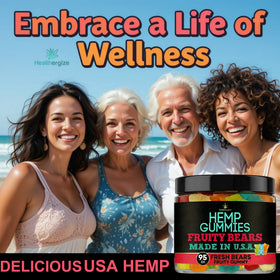 Healthergize hemp gummies ingredients label close-up highlighting natural hempseed oil.